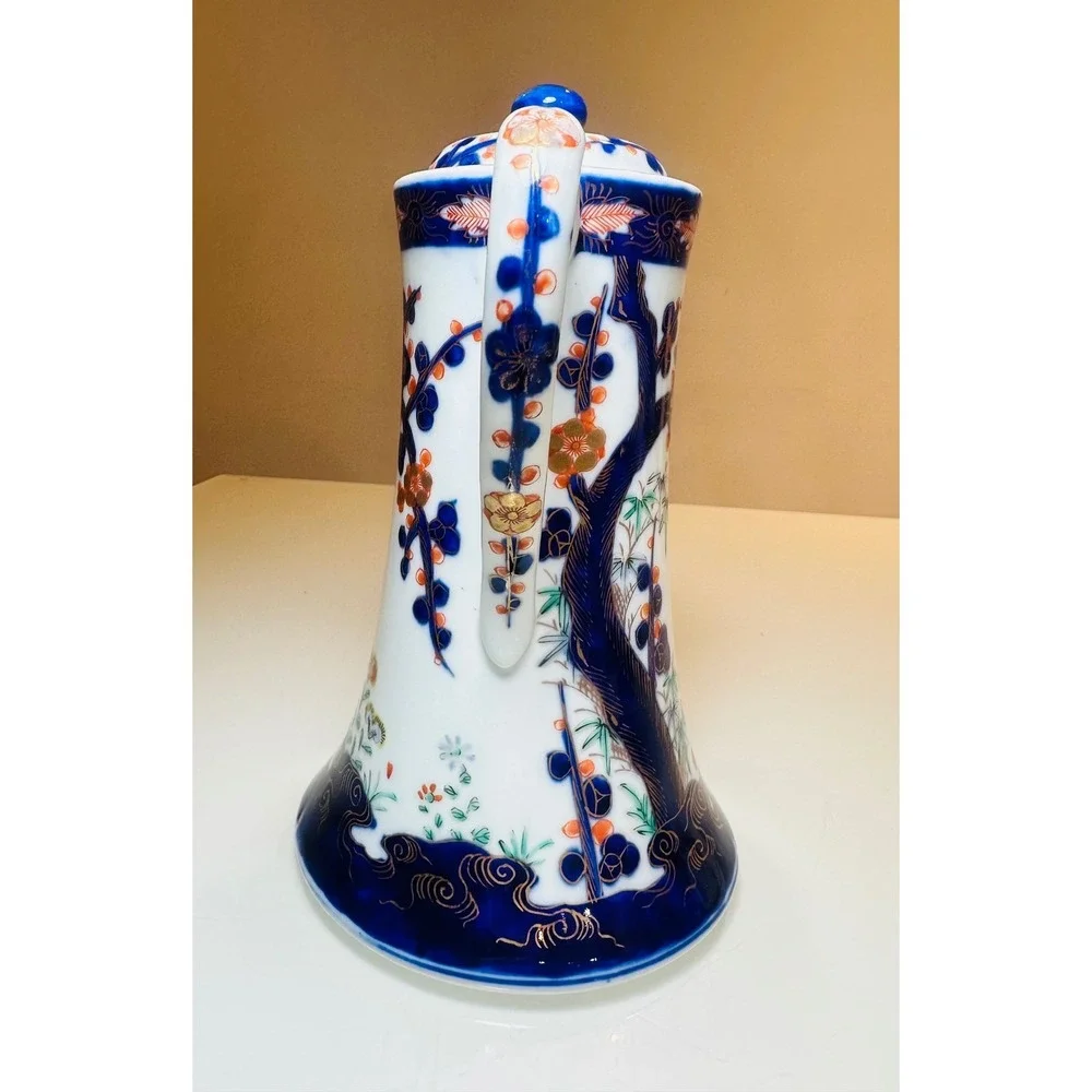 Antique Japanese Imari Porcelain Chocolate Pot Blue Orange Gold Hand Painted